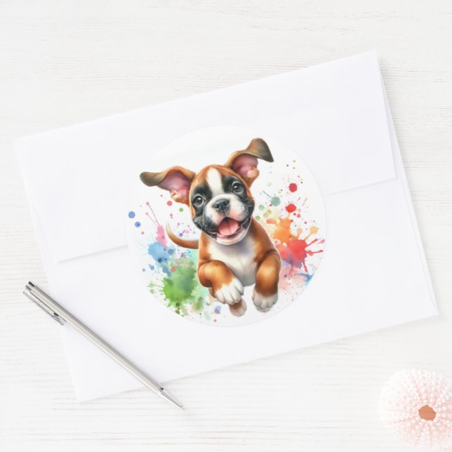 Watercolor Boxer Dog Joy Classic Round Sticker (Envelope)