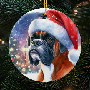 Watercolor Boxer Dog Santa Hat Christmas Ceramic Tree Decoration