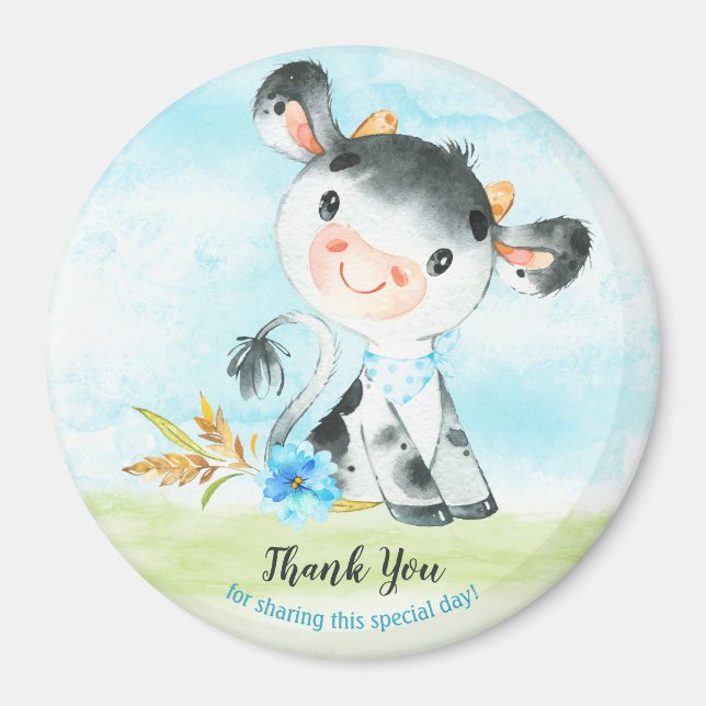 Watercolor Boy Cow Baby Shower Farm Thank You Magnet (Front)