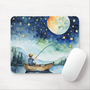 Watercolor Boy Fishing Under Moon Mouse Pad