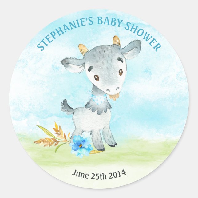 Watercolor Boy Goat Baby Shower Farm Classic Round Sticker (Front)