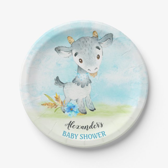 Watercolor Boy Goat Baby Shower Farm Paper Plate (Front)