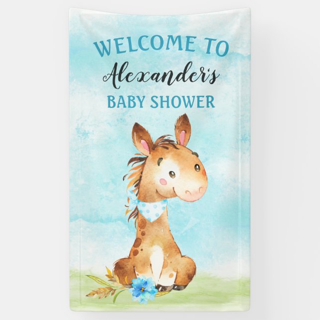 Watercolor Boy Horse Baby Shower Farm Banner (Vertical)
