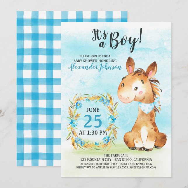 Watercolor Boy Horse Baby Shower Farm Invitation (Front/Back)
