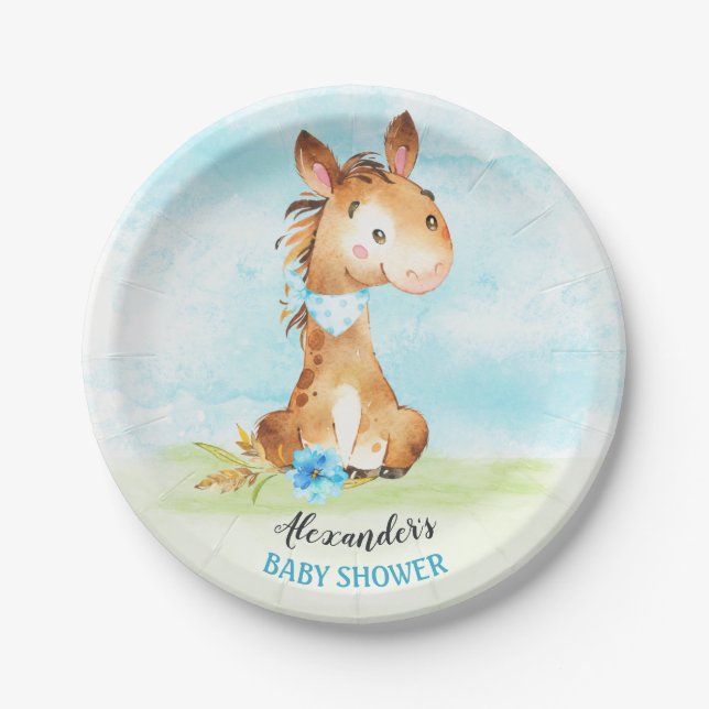 Watercolor Boy Horse Baby Shower Farm Paper Plate (Front)