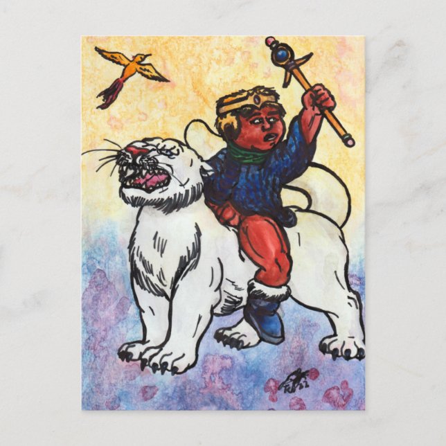watercolor boy king rides white panther power postcard (Front)