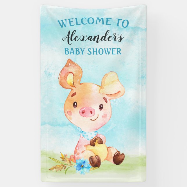 Watercolor Boy Piggy Baby Shower Farm Banner (Vertical)