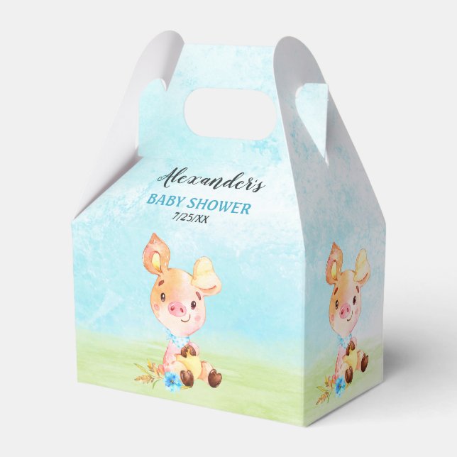 Watercolor Boy Piggy Baby Shower Farm Favour Box (Front Side)