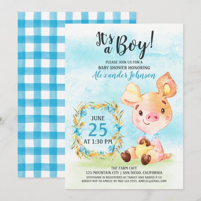 Watercolor Boy Piggy Baby Shower Farm Invitation (Front/Back)