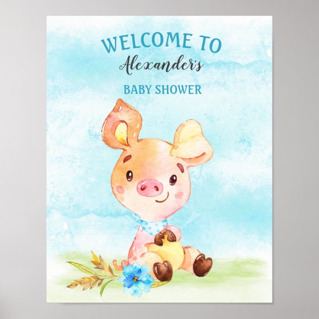 Watercolor Boy Piggy Baby Shower Farm Poster (Front)