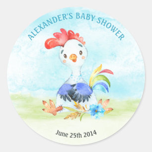 Watercolor Boy Rooster Baby Shower Farm Classic Round Sticker