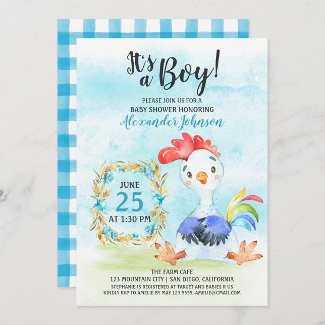 Watercolor Boy Rooster Baby Shower Farm Invitation (Front/Back)