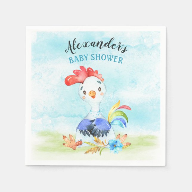 Watercolor Boy Rooster Baby Shower Farm Napkin (Front)