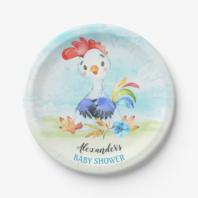 Watercolor Boy Rooster Baby Shower Farm Paper Plate (Front)
