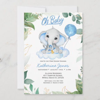 Watercolor Boys Elephant Baby Shower Invitation