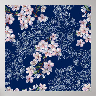 Watercolor branch flowers cherry with branch graph poster