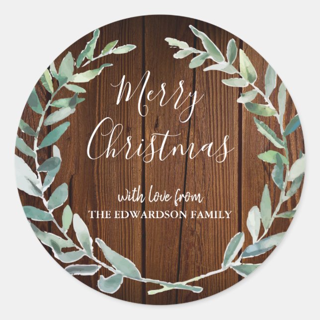 Watercolor branch rustic wood Merry Christmas Classic Round Sticker (Front)