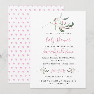 Watercolor branch with hearts Baby Shower Invite