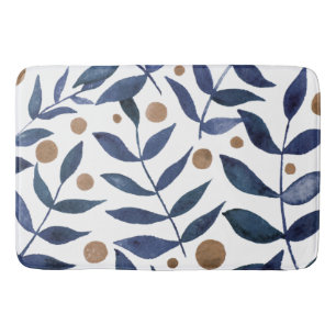 Watercolor branches and berries - indigo and beige bath mat