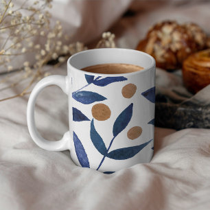 Watercolor branches and berries - indigo and beige coffee mug