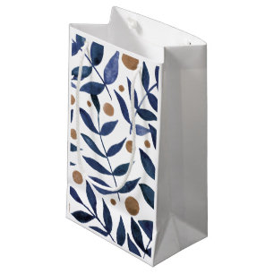 Watercolor branches and berries - indigo and beige small gift bag