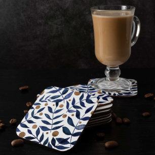 Watercolor branches and berries - indigo and beige square paper coaster