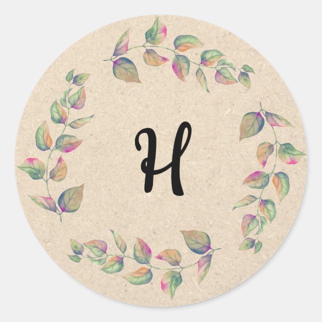 Watercolor Branches Kraft Paper Monogram Stickers (Front)