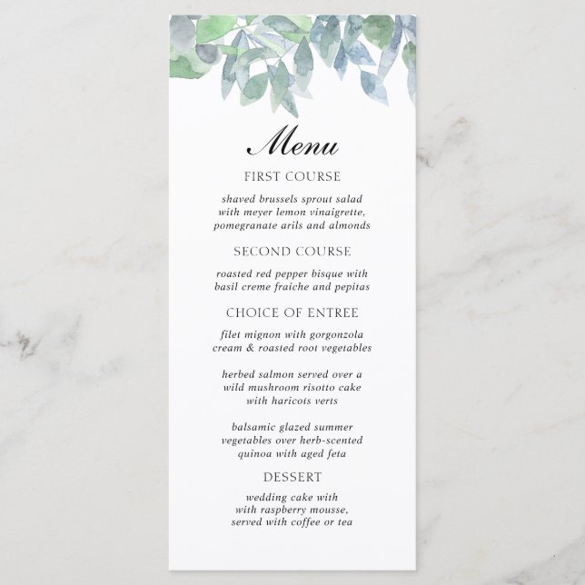 Watercolor branches leaves Wedding Menu Card (Front)