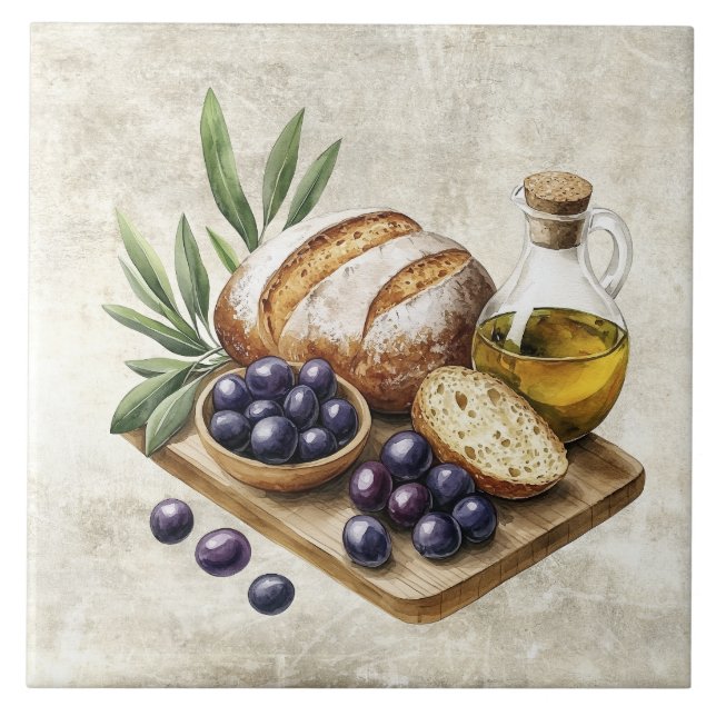 Watercolor Bread Olives Tuscany Faux Texture  Tile (Front)