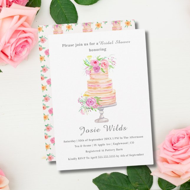 Watercolor Bridal Shower Layered Cake With Roses Invitation (Creator Uploaded)