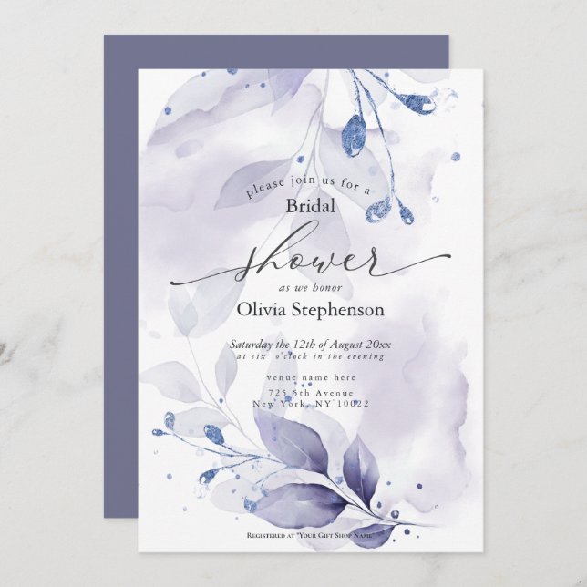 Watercolor Bridal Shower Rustic Violet Foliage  In Invitation (Front/Back)