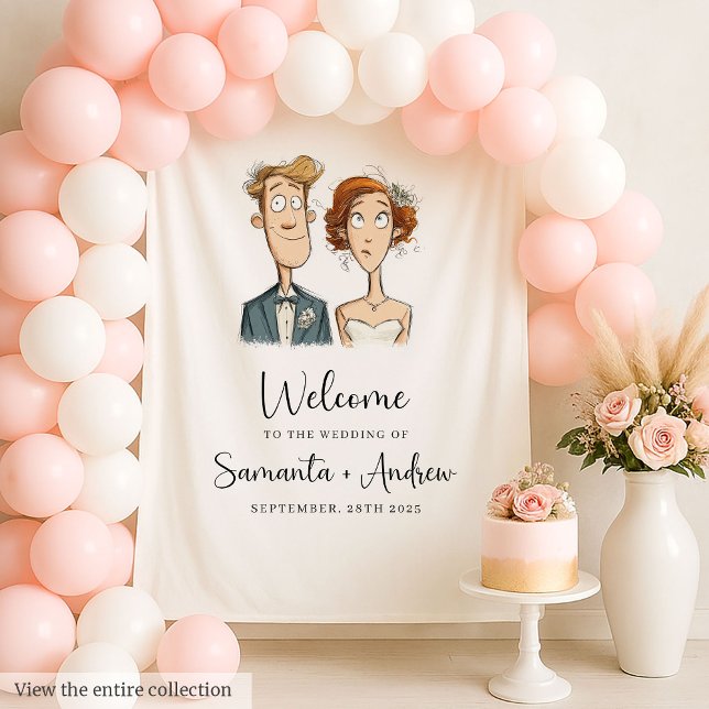Watercolor Bride and Groom Wedding Banner Quirky Tapestry (Watercolor Bride and Groom Wedding Banner Quirky)