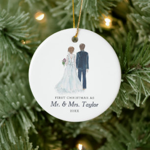 Watercolor Bride & Groom Personalised Mr & Mrs Ceramic Tree Decoration