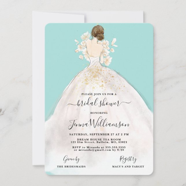 Watercolor Bride in Gown Bridal Shower Invitation (Front)