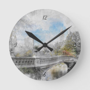 Watercolor bridge in Central Park New York Round Clock