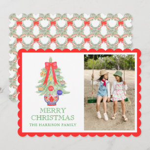 Watercolor Bright Bow Ginger Jar Christmas Photo Holiday Card