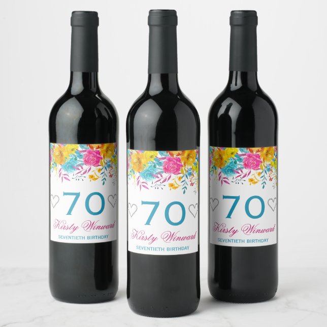 Watercolor Bright Coloured Spring Flowers Birthday Wine Label (Bottles)