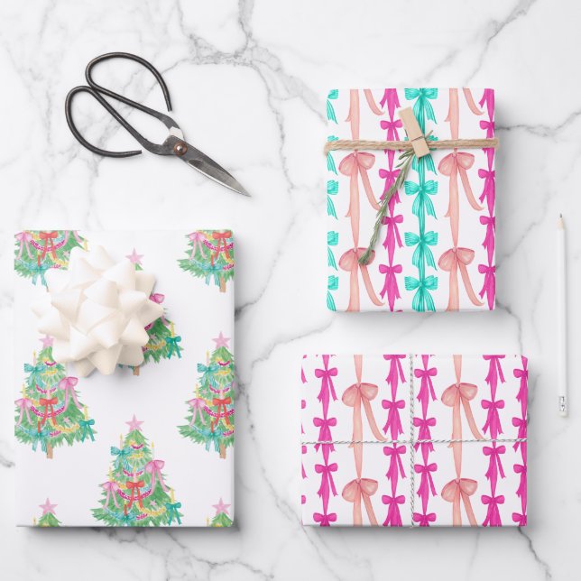 Watercolor Bright Coquette Bows Christmas Tree Wrapping Paper Sheet (Front)