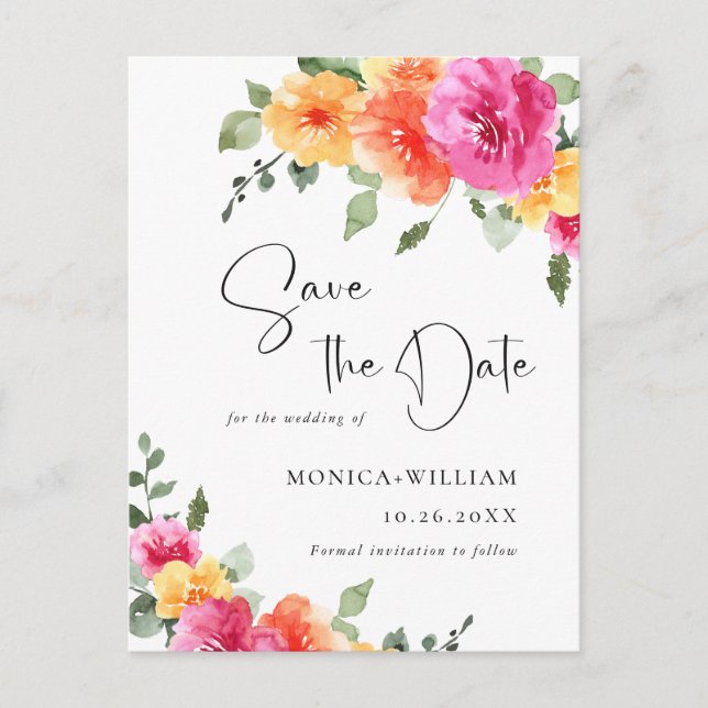 Watercolor Bright Flowers Wedding Save the Date Postcard (Front)