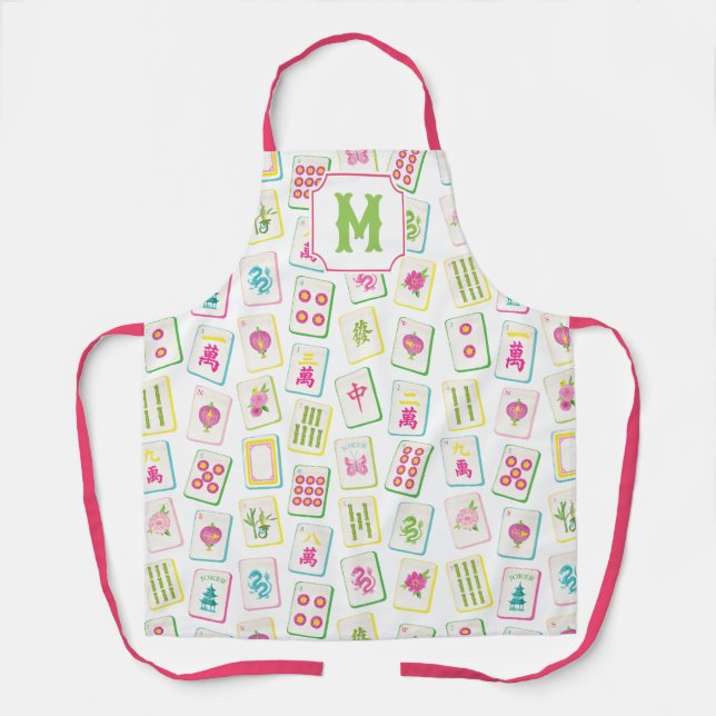 Watercolor Bright Mahjong Tiles Monogram Apron (Front)