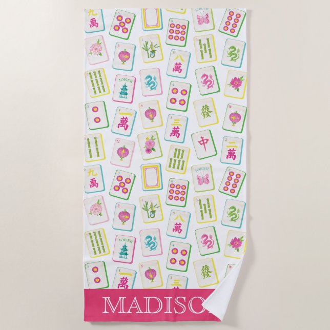 Watercolor Bright Mahjong Tiles Monogram Beach Towel (Front)
