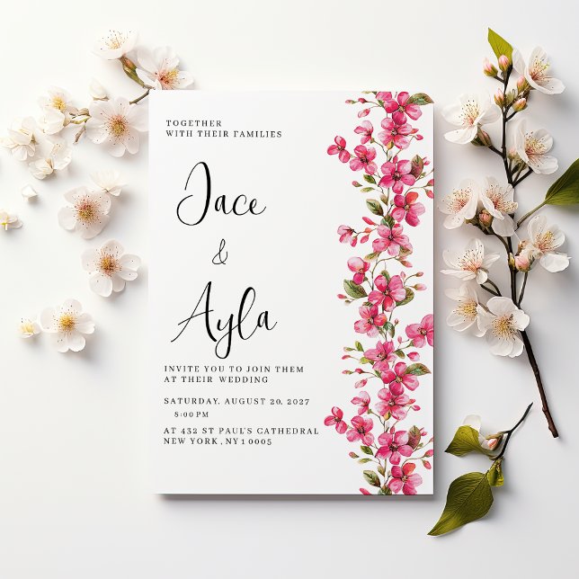 Watercolor bright pink blossom flowers Wedding Invitation (Watercolor bright pink blossom flowers Wedding )