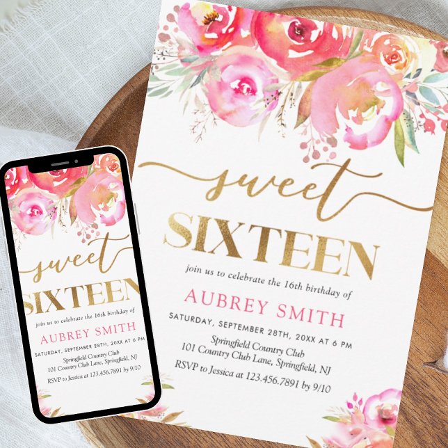 Watercolor Bright Pink Floral Sweet 16 Invitation (Creator Uploaded)