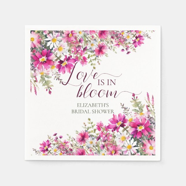 Watercolor Bright Pink Flowers Love is in Bloom Napkin (Front)