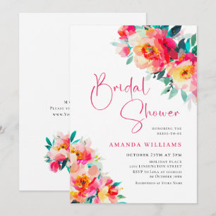 Watercolor Bright Pink Orange Flower Bridal Shower Invitation