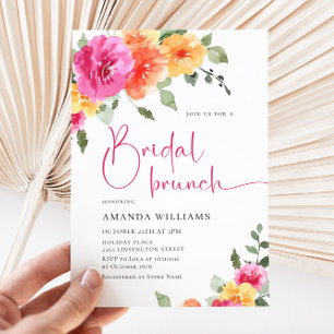 Watercolor Bright Pink Orange Flower Bridal Shower Invitation