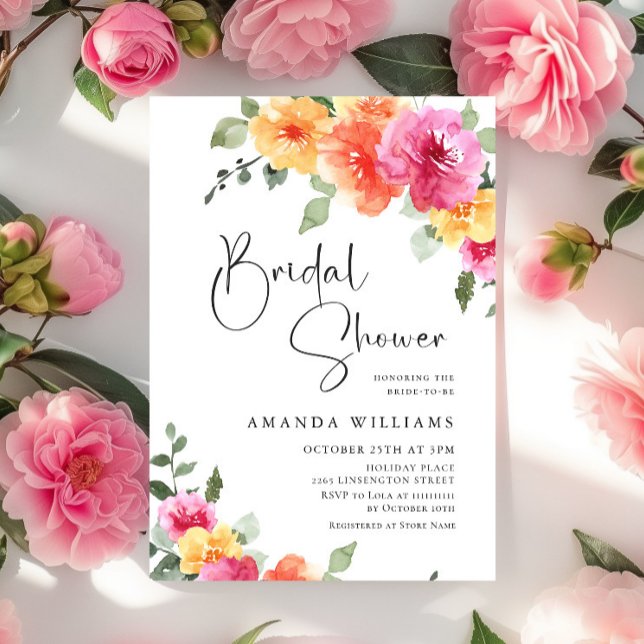 Watercolor Bright Pink Orange Flower Bridal Shower Invitation (Creator Uploaded)