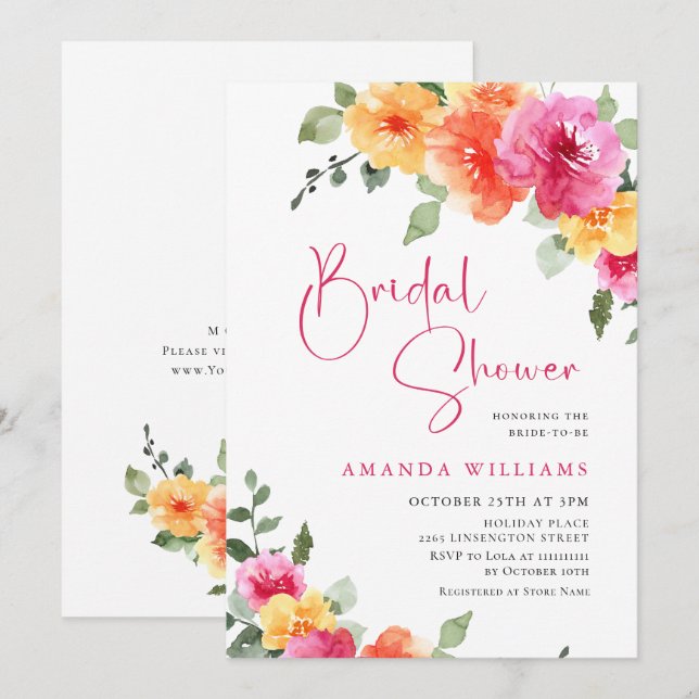 Watercolor Bright Pink Orange Flower Bridal Shower Invitation (Front/Back)