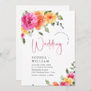 Watercolor Bright Pink Orange Flowers Wedding Invitation