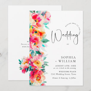 Watercolor Bright Pink Orange Flowers Wedding Invitation